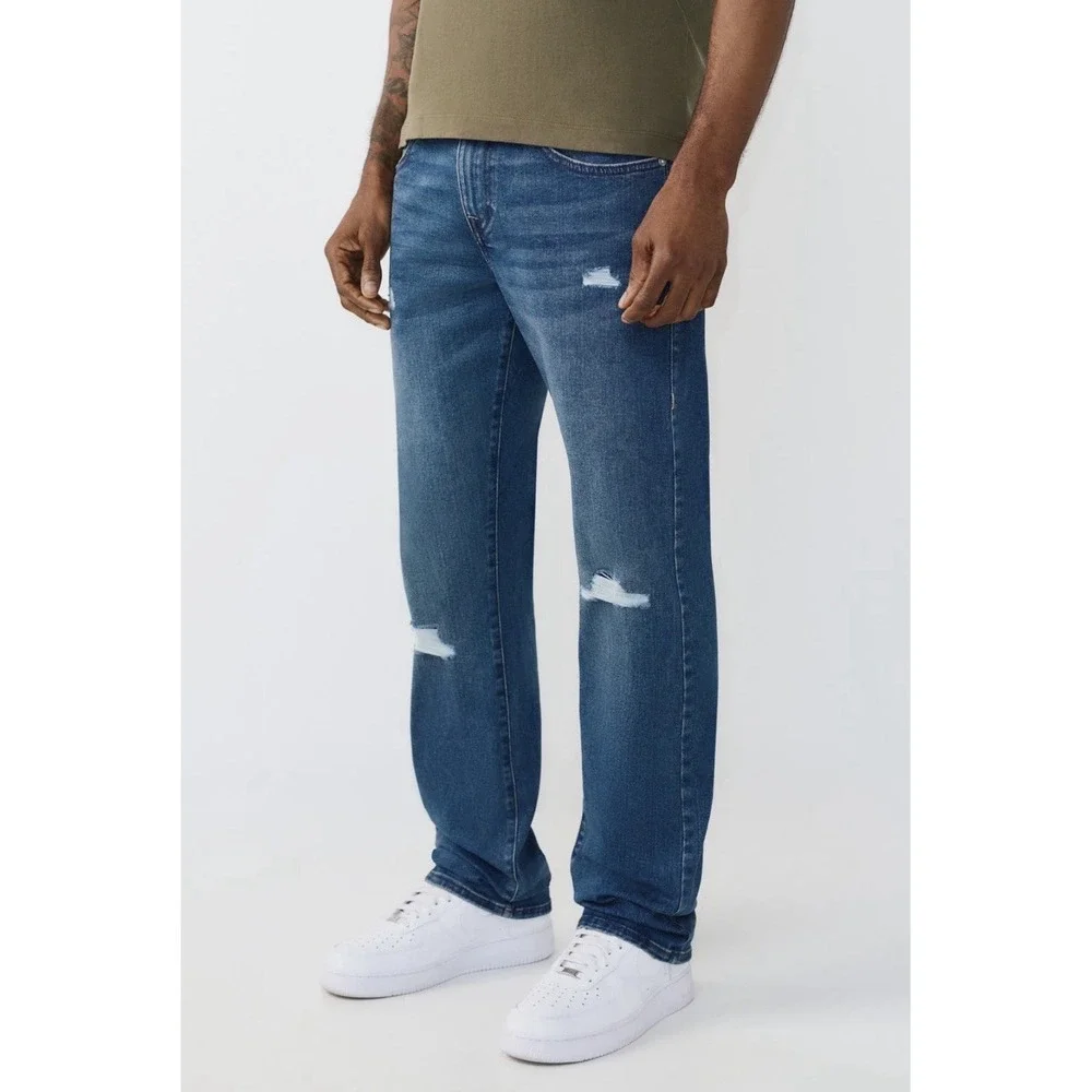 TRUE RELIGION Ricky Rip Repair  Straight Leg Med Blue Comet - 34